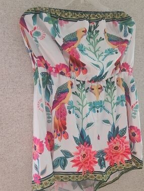 White Strapless Floral & Parrot Print Women’s Top